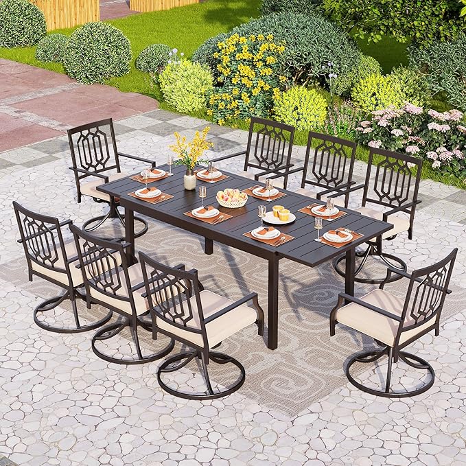 PHI VILLA 9 Pieces Outdoor Dining Set, Expandable Metal Table (64"-82") and 8 Swivel Dining Chairs – Perfect for Patio, Garden, Deck, Porch, and Yard, 9PCS Outdoor Dining Set Style 5