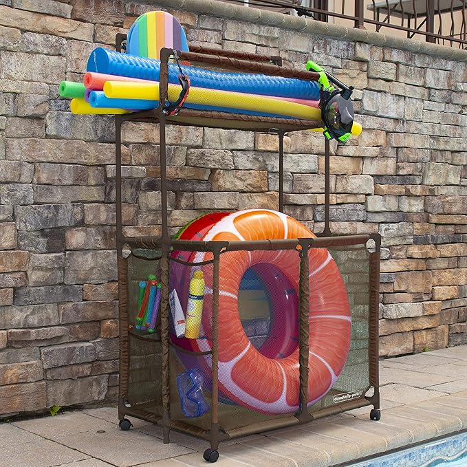 Essentially Yours Pool Storage Equipment Organizer Holder - Noodles, Toys, Balls and Floats Mesh Rolling Double Decker Bin, Large with Noodle Holder, (35.3" W x 23" L x 59.4" H), Brown Style 561935
