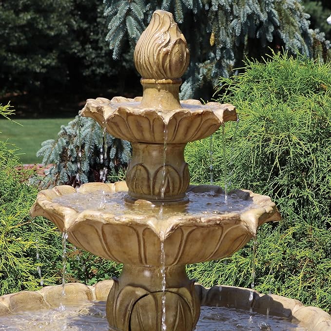 Sunnydaze Classic Tulip 3-Tier Electric Water Fountain - 46-Inch - with Electric Submersible Pump for Patio, Yard or Deck - Garden Stone