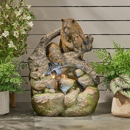 Merax 24.75" High Bear Family Fountain, Weather-Resistant Outdoor Water Feature with LED Lights, 2-Tier Waterfall for Garden Patio, Light Brown+Moss