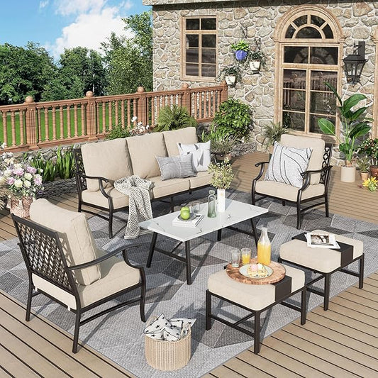 Patio Furniture Set 6 pcs, Outdoor Patio Furniture, 3-Seat Sofa, 2 Single Chairs, 2 Ottomans, Coffee Table and 5.75" Extra Thick Cushion, Patio Conversation Set,Beige