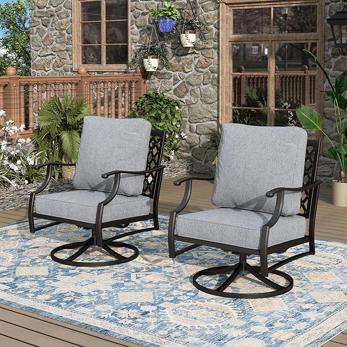 Swivel Patio Chairs Set of 2, High Back Outdoor Swivel Patio Metal Chairs with 5.75" Thick Cushions for Bistro Balcony Porch Deck and Yard, Grey
