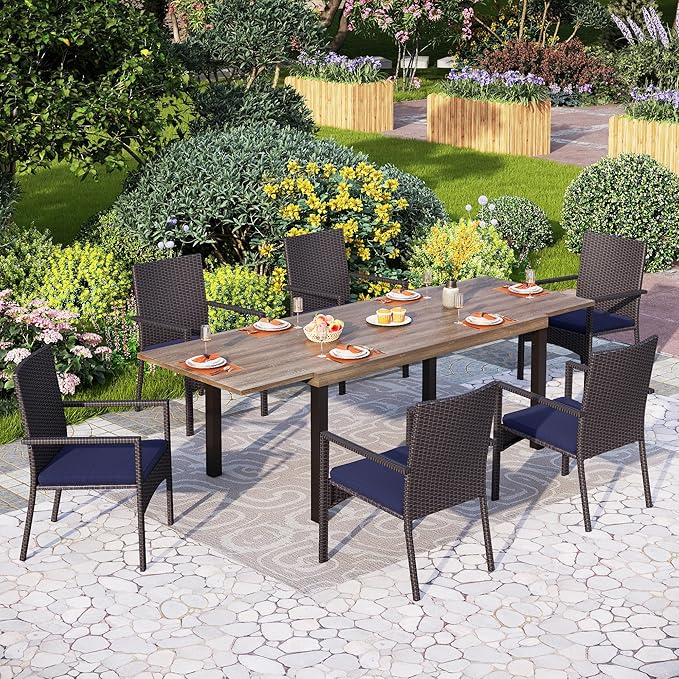 PHI VILLA 7 Piece Patio Dining Set for 6, Expandable Wood-Like Metal Dining Table & Wicker Chairs with Cushions, Large Dining Furniture for Outdoor Deck, Backyard, Porch