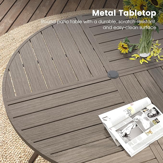 DIFY 7 Pieces Outdoor Patio Dining Set, 6 Sandshell Textilene Swivel Dining Chairs and 47.2" Grey Wood-Like Round Metal Dining Table, Outdoor Table and Chairs