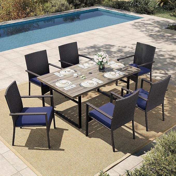 HERA'S HOUSE Patio Table and Chairs Set 7-Piece, Outdoor Dining Furniture Set with Cushions, All-Weather 64" Wood Grain Table with 1.6"-2" Umbrella Hole & Wicker Chairs for Backyard, Garden, Deck