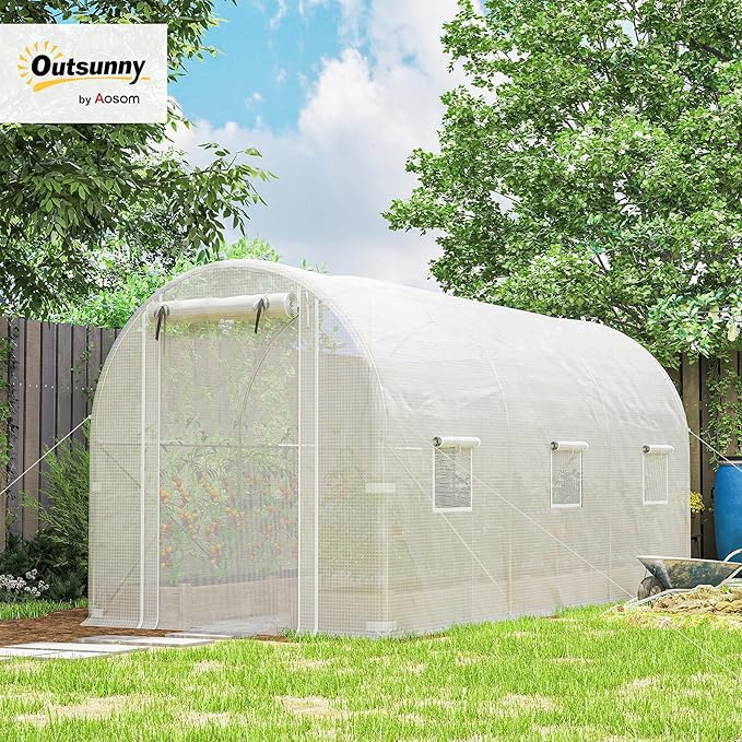 Outsunny 14.6'x6.5'x6.6' Hoop House Greenhouse with 2 Support Rods, Zippered Roll-up Mesh Door, Mesh Windows, Walk-in Tunnel Greenhouse with PE Cover, Galvanized Steel Frame, Outdoor Garden, White