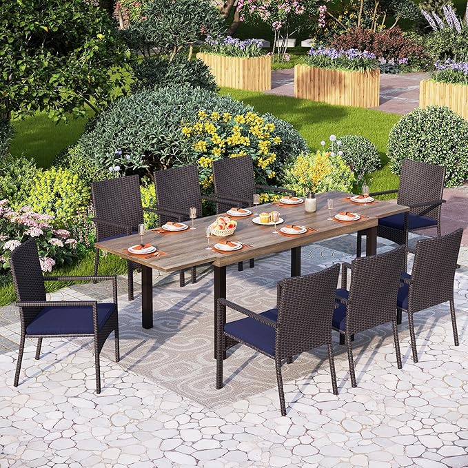 PHI VILLA 9 Piece Patio Dining Set for 8, Expandable Wood-Like Metal Dining Table & Wicker Chairs with Cushions, Large Dining Furniture for Outdoor Deck, Backyard, Porch