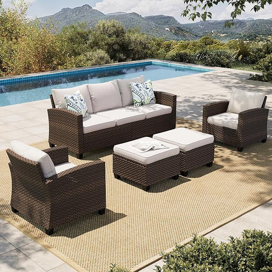 HERA'S HOUSE Patio Furniture Set, 5 Pieces Outdoor Wicker Furniture, All Weather Rattan Patio Conversation Set, Deep Seating Outdoor Sofa Sets for Lawn Deck Backyard, Brown/Beige
