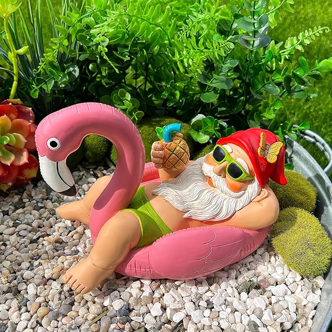 Mood Lab Garden Gnome on Flamingo - Funny Gnome Figurine - 8 Inch Depth Lawn Statue - for Outdoor or House Decor