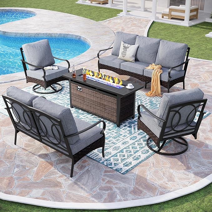 Patio Furniture Set with 56" Fire Pit Table, Premium Outdoor Wicker Metal Frame Furniture with Upgraded Waterproof Thick Cushions for Porch, Poolside, Deck, and Yard