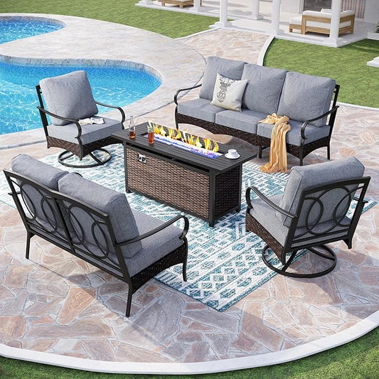Patio Furniture Set with 56" Fire Pit Table, Premium Outdoor Wicker Metal Frame Furniture with Upgraded Waterproof Thick Cushions for Porch, Poolside, Deck, and Yard