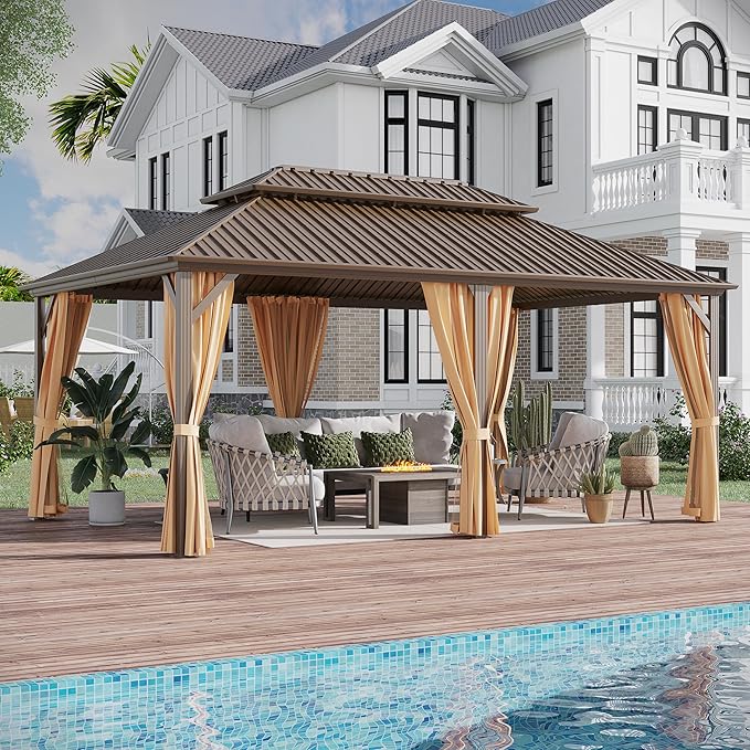 12x18 ft Hardtop Gazebo Outdoor Aluminum Patio Gazebo Double Roof Galvanized Steel Canopy with Netting and Curtains for Garden, Backyard, Deck and Lawns.