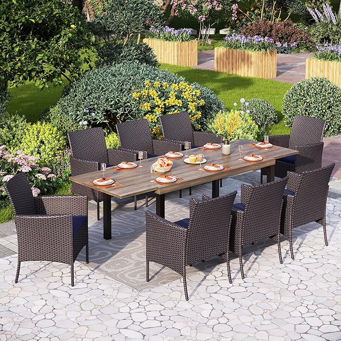 PHI VILLA 9 Piece Outdoor Dining Set for 8, Expandable Wood-Like Metal Dining Table & Wicker Chairs with Cushions, Large Dining Furniture for Patio, Deck, Backyard, Porch