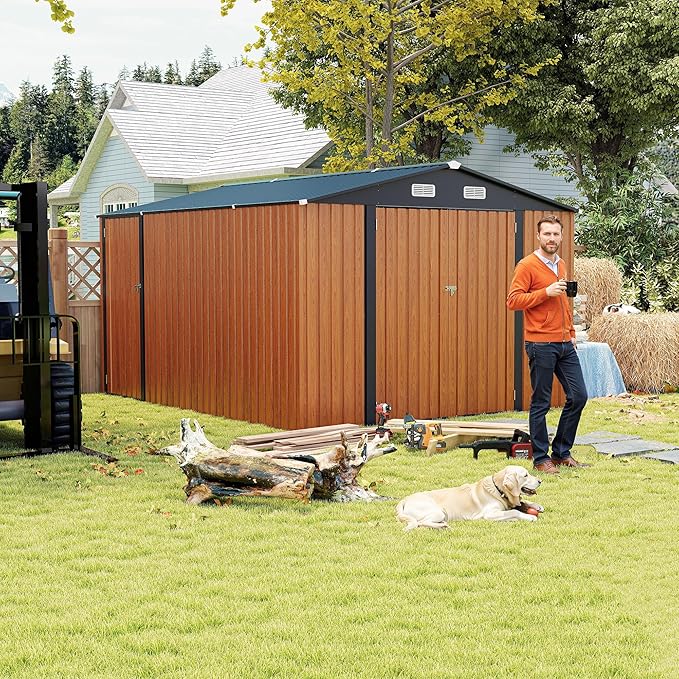 9x11 FT Outdoor Metal Storage Shed with Lockable Door, Steel Garden Utility Shed with Vents, Backyard Patio Tool Shed for Lawn Equipment, Bike, Firewood and Mower Storage, Brown