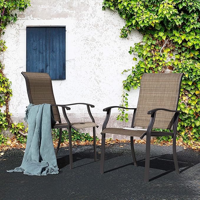 NUU GARDEN 4 Piece Outdoor Patio Dining Chairs, Textilene Dining Chairs with High Back, Patio Furniture Chairs with Armrest, Iron Frame for Lawn Garden Backyard Deck, Black and Brown