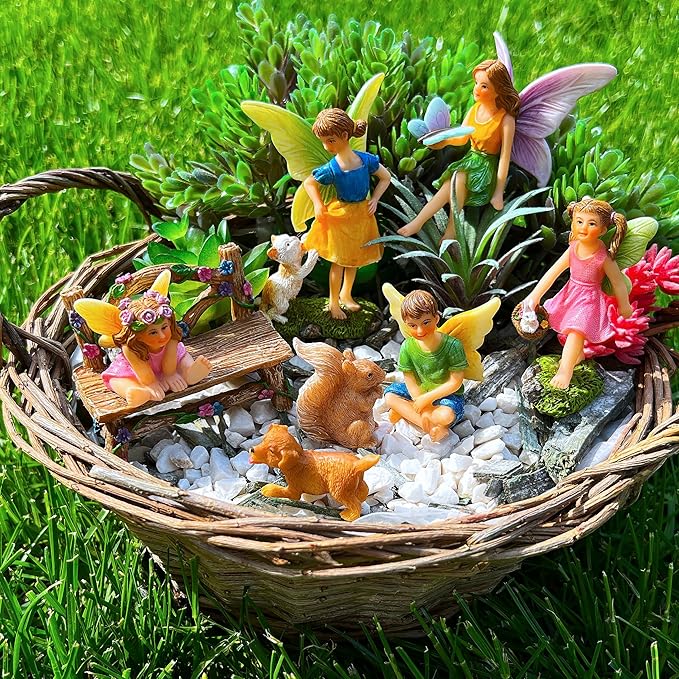 Mood Lab Fairy Garden - Miniature Fairies Figurines with Animals - Statues & Accessories Decor Set of 8 pcs