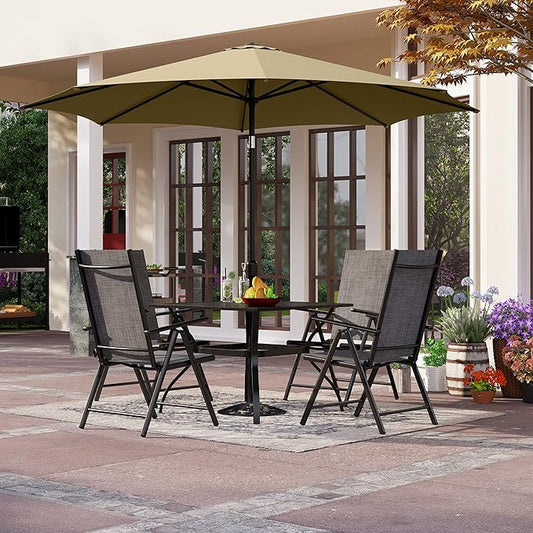 PHI VILLA Outdoor Patio Dining Set with 9 Ft Umbrella for 4, 4 Outdoor Patio Reclining Folding Sling Grey Chairs with Armrest & 1 Square Metal Patio Dining Table with 1.57" Umbrella Hole