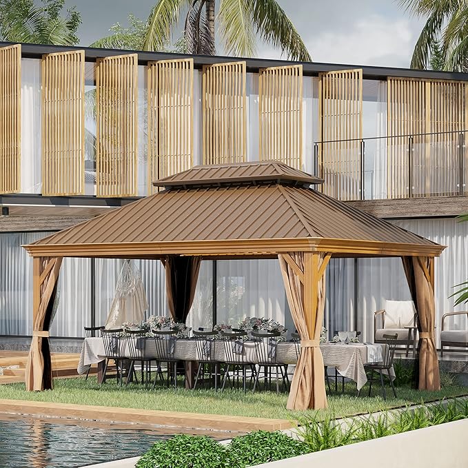 12' X 16' Hardtop Gazebo, Aluminum Wood-Looking Frame Outdoor Permanent Galvanized Steel Double Roof Pavilion Pergola Canopy with Privacy Curtains for Garden, Patio, Backyard, Deck and Lawns.