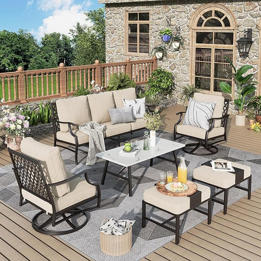 Patio Furniture Set 6 pcs, Outdoor Patio Furniture, 3-Seat Sofa, 2 Swivel Chairs, 2 Ottomans, Coffee Table and 5.75" Extra Thick Cushion, Patio Conversation Set,Beige