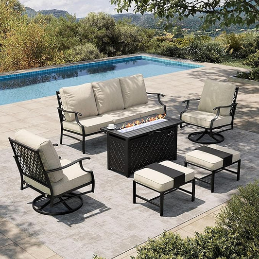 HERA'S HOUSE 6 Pieces Patio Furniture Set with Fire Pit Table, 2 x Swivel Chair, 2 x Ottoman, 3-Seat Sofa with 45" Fire Pit Table, Outdoor Conversation Set for Garden Poolside Backyard Deck