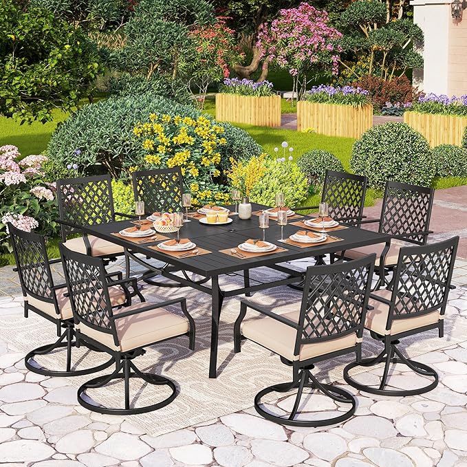 PHI VILLA 9-Piece Metal Patio Outdoor Table and Chairs Outdoor Dining Set - Large Square Patio Table and 8 Backyard Garden Chairs, Black