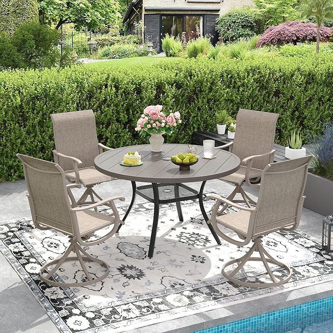 DIFY 5 Pieces Outdoor Patio Dining Set, 4 Sandshell Textilene Swivel Dining Chairs and 40.6" Grey Wood-Like Round Dining Table, Metal Outdoor Table and Chairs