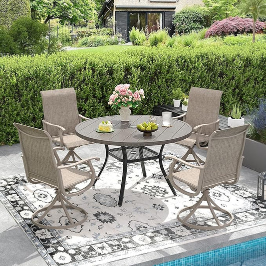 DIFY 5 Pieces Outdoor Patio Dining Set, 4 Sandshell Textilene Swivel Dining Chairs and 40.6" Grey Wood-Like Round Dining Table, Metal Outdoor Table and Chairs