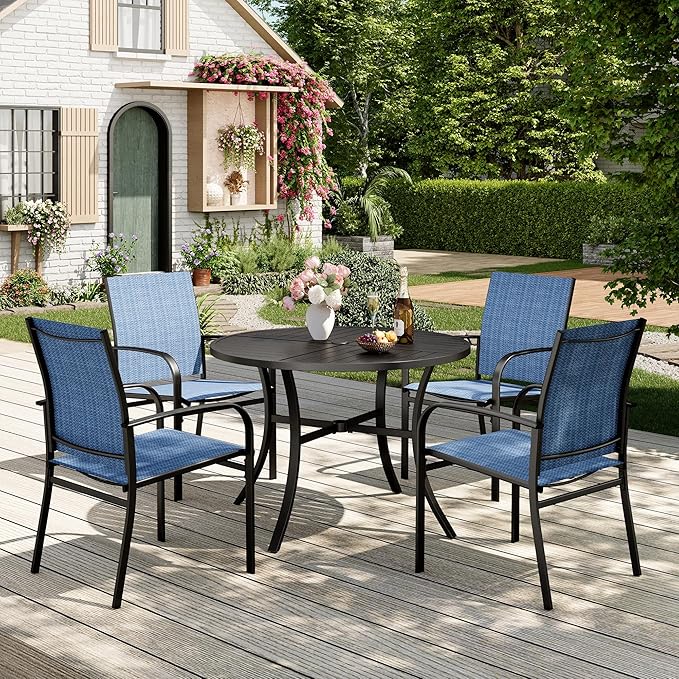 Patio Table and Chairs Set for 4, 5 Pieces Outdoor Dining Set, 4 Blue Textilene Chairs and 42" Metal Round Table with Umbrella Hole, for Deck Garden Backyard Lawn Poolside