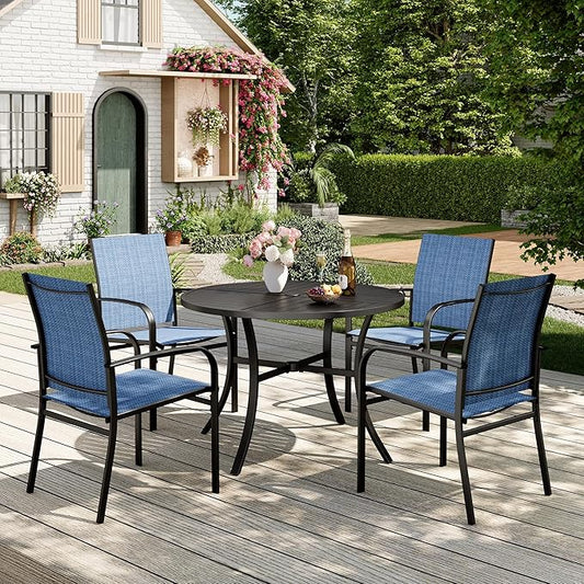 Patio Table and Chairs Set for 4, 5 Pieces Outdoor Dining Set, 4 Blue Textilene Chairs and 42" Metal Round Table with Umbrella Hole, for Deck Garden Backyard Lawn Poolside
