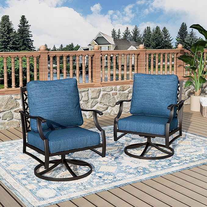 Swivel Patio Chairs Set of 2, High Back Outdoor Swivel Patio Metal Chairs with 5.75" Thick Cushions for Bistro Balcony Porch Deck and Yard, Peacock Blue
