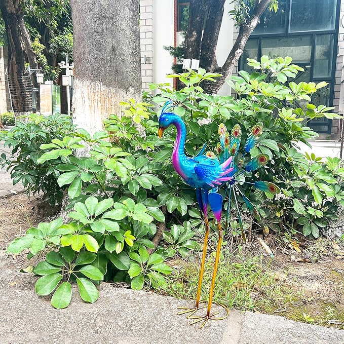 Decorative Metal Peacock Garden Statue, Iridescent Blue Purple Finish, Outdoor Lawn Ornament with Feather Display