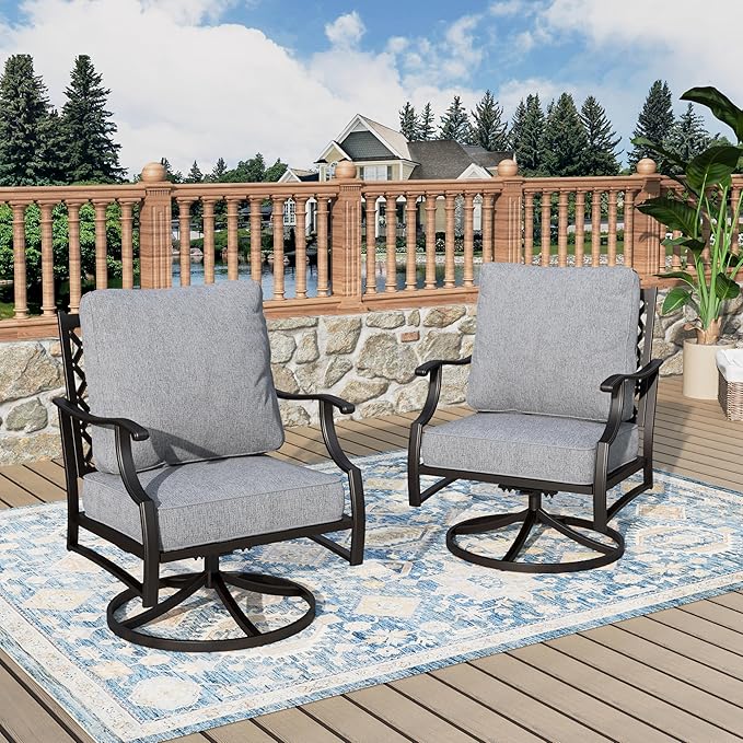 Swivel Patio Chairs Set of 2, High Back Outdoor Swivel Patio Metal Chairs with 5.75" Thick Cushions for Bistro Balcony Porch Deck and Yard, Grey