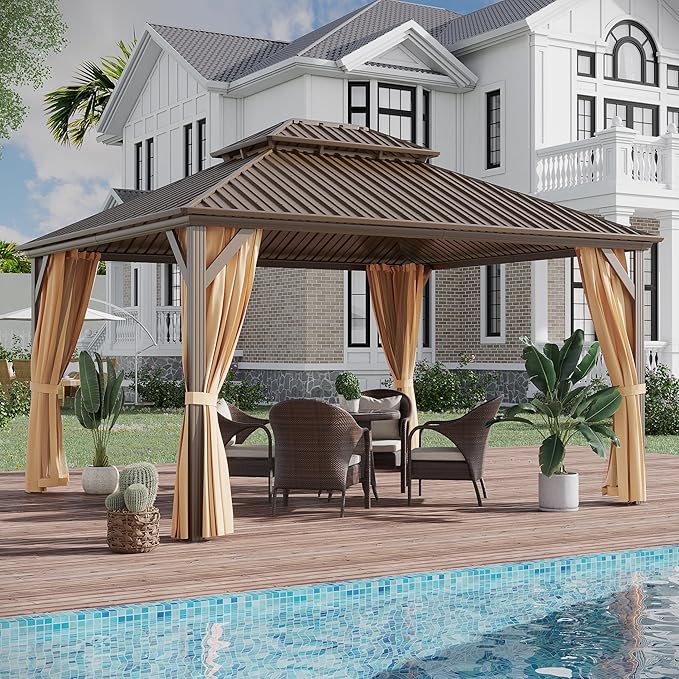 12'x14' Hardtop Gazebo Outdoor Aluminum Patio Gazebo Double Roof Galvanized Steel Canopy with Netting and Curtains,for Garden, Backyard,Deck and Lawns