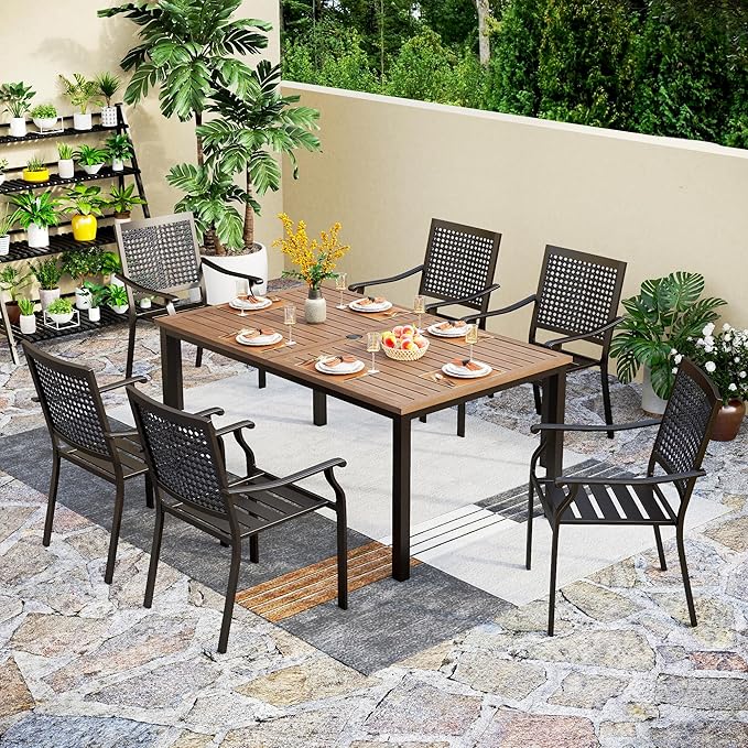 PHI VILLA 7 Pieces Patio Dining Set for 6, 65” Wood-Like Metal Steel Dining Table & Stackable Iron Dining Chairs, Large Dining Furniture Set for Outdoor Deck, Yard, Porch