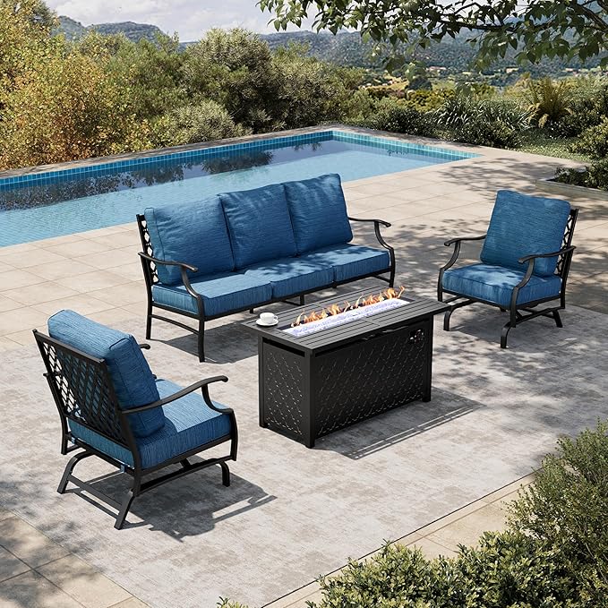 HERA'S HOUSE 4 Pieces Patio Furniture Set with Fire Pit Table, 2 x Rocking Chair, 3-Seat Sofa with 45" Fire Pit Table, Outdoor Conversation Set for Garden Poolside Backyard, Pacific Blue