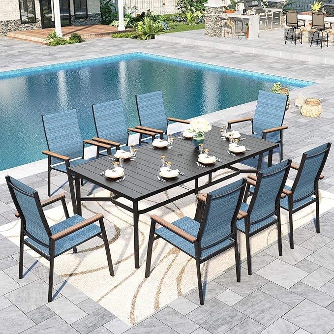 Sophia & William Patio Dining Set 9 Pieces, Patio Table and Chairs Set for 8, 83"x 39" Large Rectangular Metal Dining Table and 8 x Lightweight Aluminum Stackable Chairs (Blue)