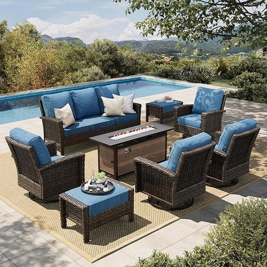 HERA'S HOUSE 8-Piece Outdoor Furniture Set with Fire Pit Table, Patio Conversation Set with 5.5-Inch Thick Cushions & High Back Swivel Chairs, All-Weather Wicker Deep Seating Sofa with Ottomans, Blue