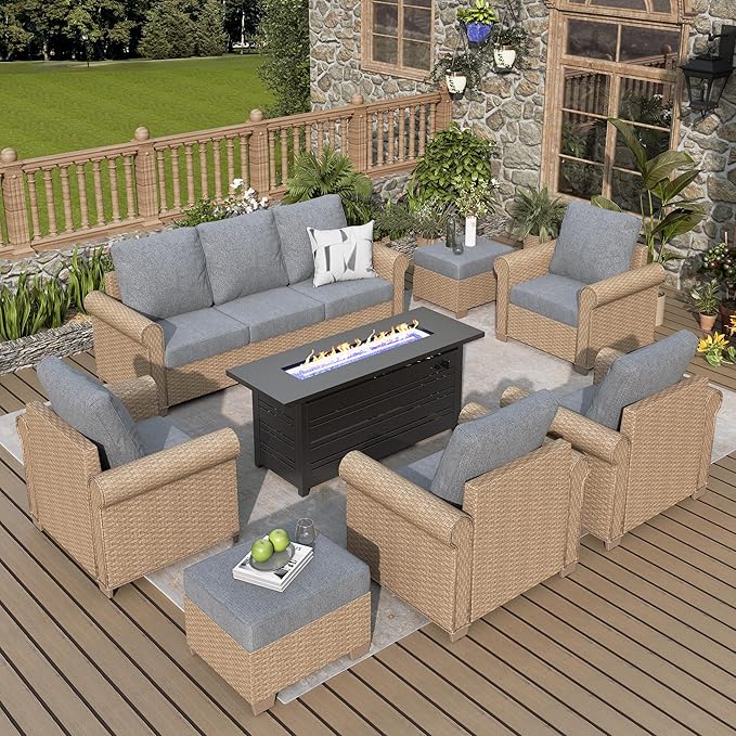 Patio Furniture Set 8 pcs, Wicker Outdoor Patio Furniture, 3-Seat Sofa, 4 Single Chairs, 2 Ottomans and 56" Gas Fire Pit Table, Rattan Patio Conversation Set for Backyard Deck, Grey
