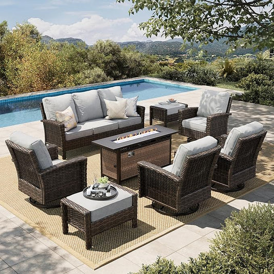 HERA'S HOUSE 8-Piece Outdoor Furniture Set with Fire Pit Table, Patio Conversation Set with 5.5" Thick Cushions & High Back Swivel Chairs, All-Weather Wicker Deep Seating Sofa with Ottomans, Grey
