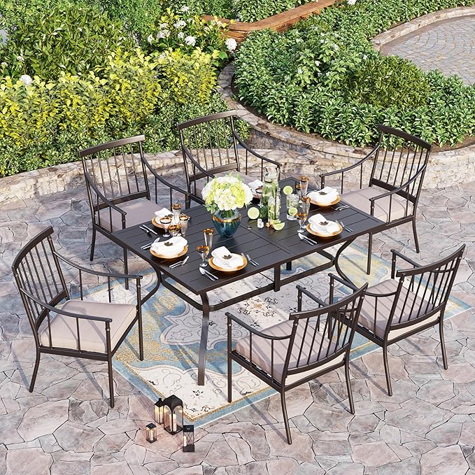 Sophia & William 7 Pieces Patio Dining Set, Rectangle Patio Table and Chairs Set of 2 Adjustable Umbrella Hole & Seat Cushions, Outdoor Conversation Furniture Set for Porch Backyard Balcony