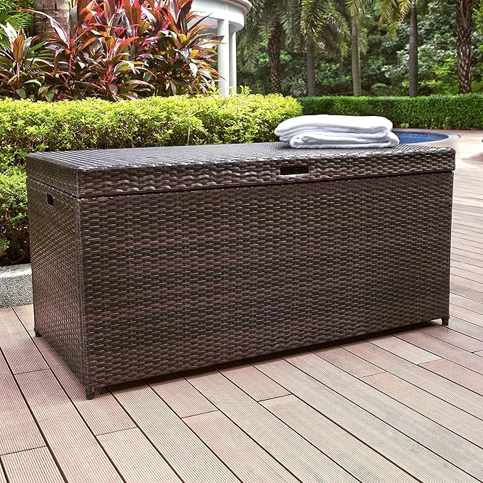 Crosley Furniture Palm Harbor Wicker Outdoor Storage Box for Patio Furniture Cushions and Pool Floats, Brown