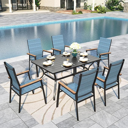 Sophia & William Patio Table and Chairs Set 7 Pieces, 6 Aluminium Patio Dining Chairs with 60" x 38" Metal Dining Table, Stackable and Easy to Move for Outdoor Garden Lawn (Blue)