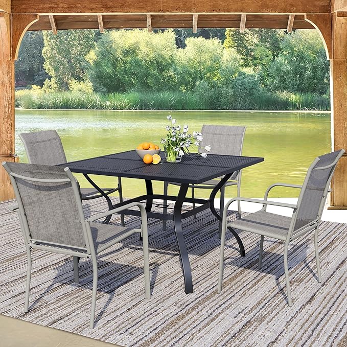 5 Pieces Sqaure Dining Table Set for 4, Patio Dining Set Includes 4 Grey Stackable Patio Chairs and 1 Black Mesh Square Table, Patio Furniture Sets with Sling Support for Outside, Garden