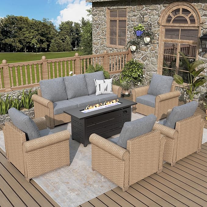 Patio Furniture Set 6 pcs, Wicker Outdoor Patio Furniture, 3-Seat Sofa, 4 Single Chairs and 56" Gas Fire Pit Table, Rattan Patio Conversation Set for Backyard Deck, Grey