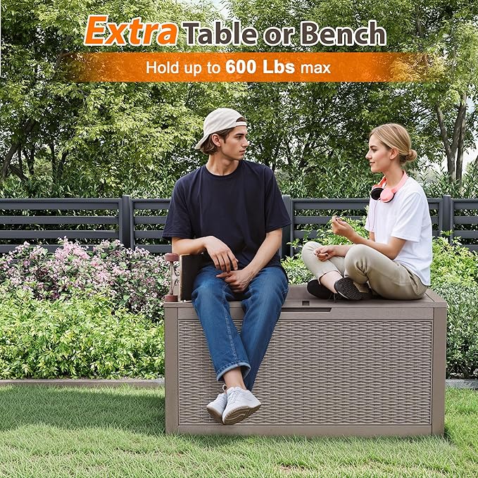 LHBcraft 100 Gallon Outdoor Storage Box Waterproof, Lockable Patio Storage Boxes Outdoor Waterproof for Furniture, Resin Deck Box Doubles as 2-Person Bench Seat, Gardening Tools, Grey