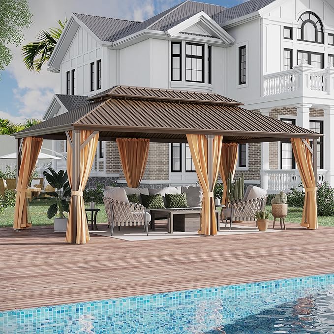 12'x20' Hardtop Gazebo Outdoor Aluminum Patio Gazebo Double Roof Galvanized Steel Canopy with Netting and Curtains for Garden, Backyard,Deck and Lawns