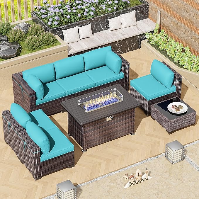 Outdoor Patio Furniture Set with Propane Fire Pit Table, 8 Pcs Outdoor Furniture Patio Sectional Sofas Conversation Sets w/ETL Approved 43" Gas Outdoor Fire Table & Coffee Table Turquoise