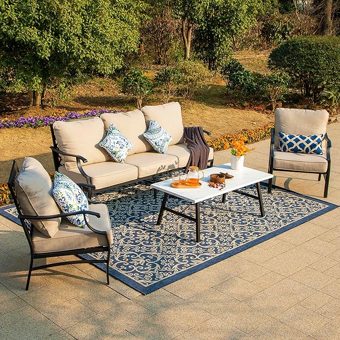 HERA'S HOUSE 4 Piece Patio Furniture Set, 2 x Metal Frame Cushioned Chair, 3-Seat Sofa with Marbling Coffee Table, All Weahter Outdoor Conversation Set for Lawn Garden Backyard