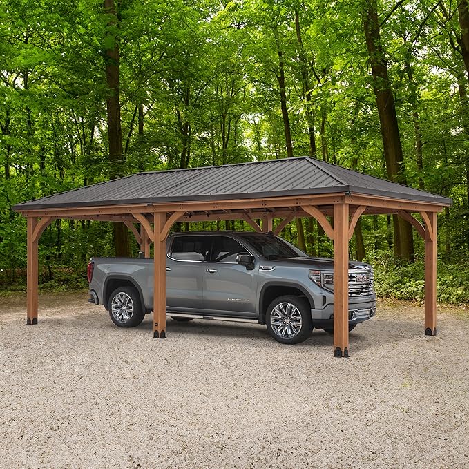 Backyard Discovery Barrington 24' x 12' Cedar Wood Outdoor Gazebo Pavilion with Hardtop Galvanized Steel Hip Roof, Snow Support, Wind Resistance, PowerPort, Shade for Garden, Patio, Deck, Entertaining