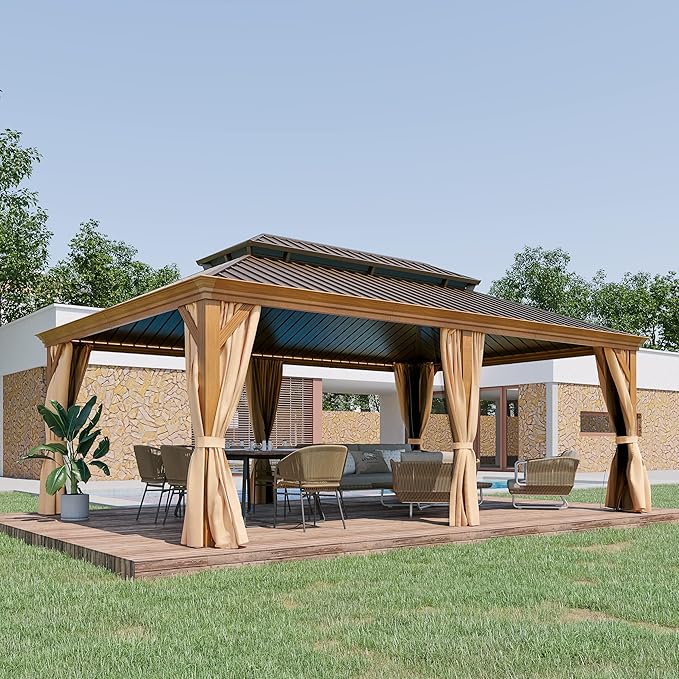 14' X 20' Hardtop Gazebo Outdoor Aluminum Patio Gazebo Double Roof Galvanized Steel Canopy Wooden Finish Coated with Netting and Curtains for Garden, Backyard,Deck and Lawns